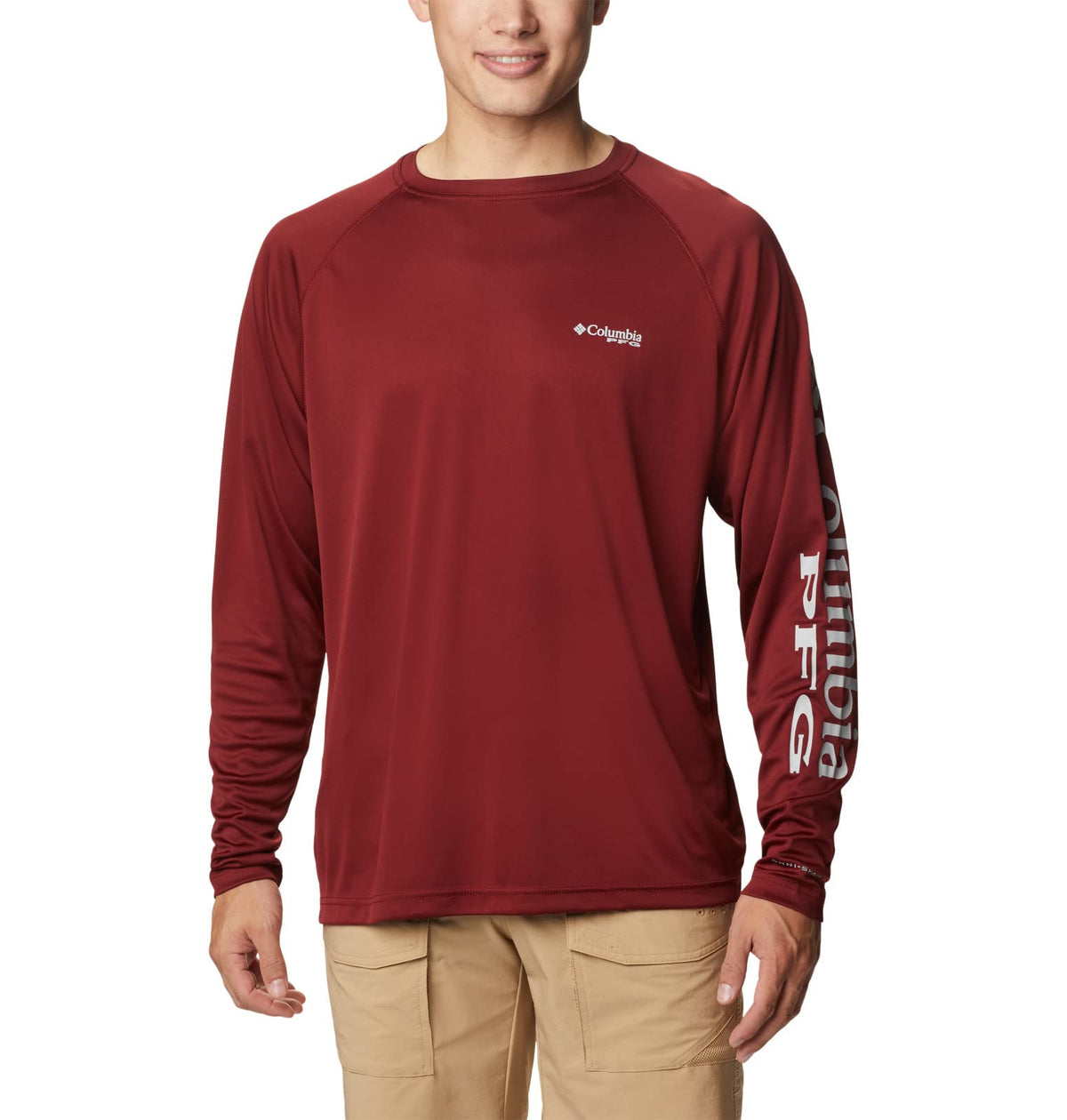 Columbia Men's Terminal Tackle Long Sleeve Shirt, Red Jasper/Cool Grey Logo, Large