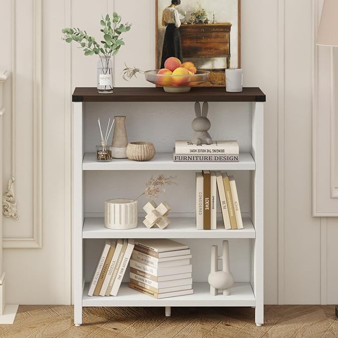BON AUGURE Farmhouse Bookshelf, 3 Tier Bookcase, Wood Low Book Case, Short Storage Book Shelf for Home Office, Living Room, Small Space, Bedroom (White Oak and Walnut Brown)