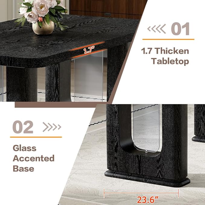 64.5" Black Dining Table Set for 6, Modern Kitchen Table and Chairs Set with PU Leather Cushioned Chairs & Decorative Pedestal Base, 7 Piece Wood Grain Dining Table Set for Dining Room or Kitchen