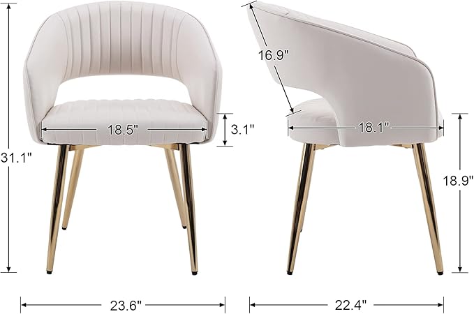 Modern Dining Chairs Set of 2, Upholstered PU Leather Gold Dining Room Chairs with Hollow Back, Accent Armrest Kitchen Chairs with Gold Legs for Living Room Cream