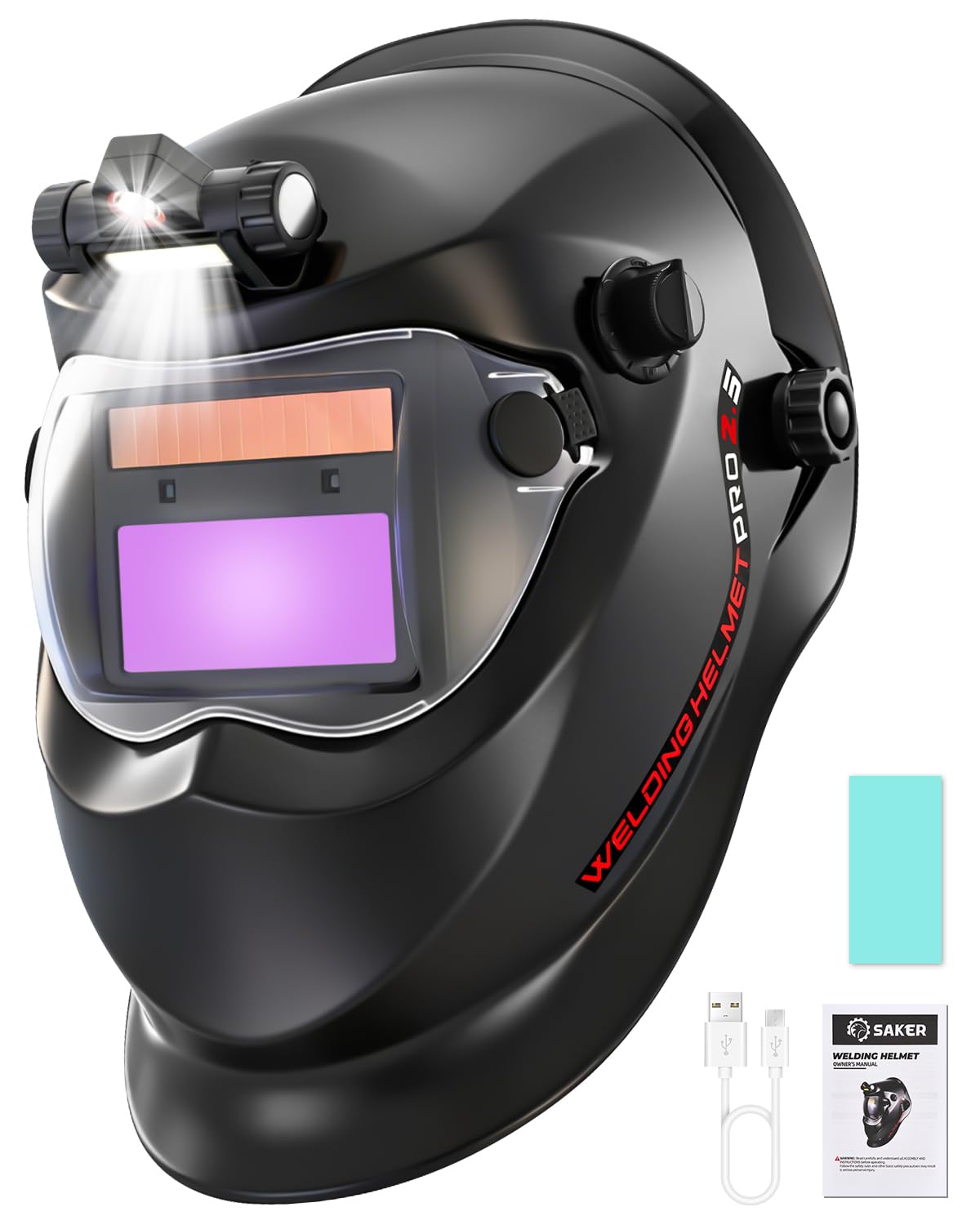 Saker Auto Darkening Welding Helmet with LED Light, 1/1/1/2 Optical Class, True Color View, Solar Powered with 2 Arc Sensors, Shade 9-13 Welding Mask for MIG, TIG, Stick Welding