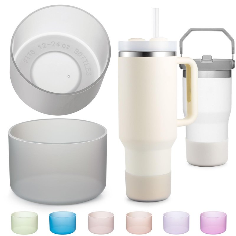 2-Pack Silicone Boot for 40 30 20 OZ Stanley Cup Accessories, Clear Gray Sleeve Cover for Stanley 20OZ 30OZ Tumbler Ice-Flow 16OZ Bottle, Boots for Yeti Cups Protector Bottom Bumper, Anti-Slip