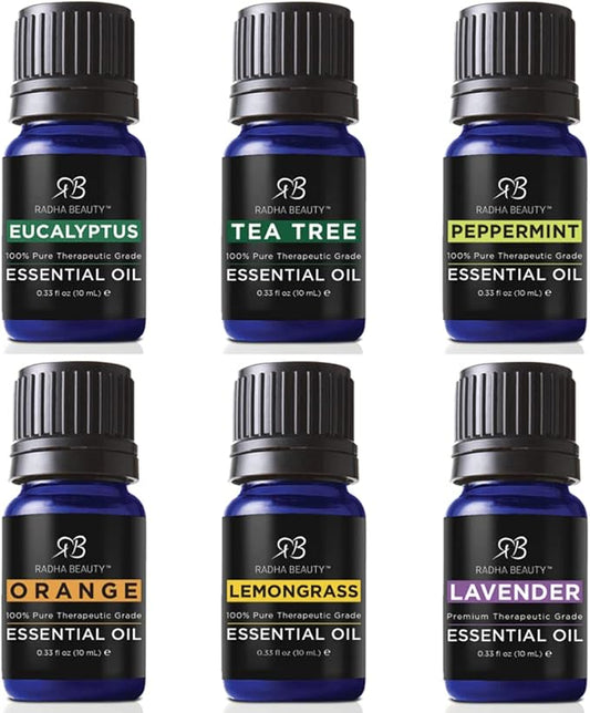 Essential Oil Set - Aromatherapy for Diffusers, Massage, DIY. Candle Making, Soaps, Bath Bombs, Skin and Hair Care. Top 6-10ml Oils: Lavender, Peppermint, Lemongrass, Tea Tree, Orange and Eucalyptus