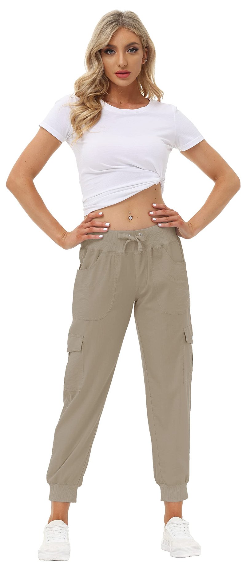 MoFiz Women's Cargo Pants Hiking Joggers Summer Lightweight Quick Dry Athletic Outdoor Sports Sweatpants Travel Casual Button Pockets Khaki 2XL