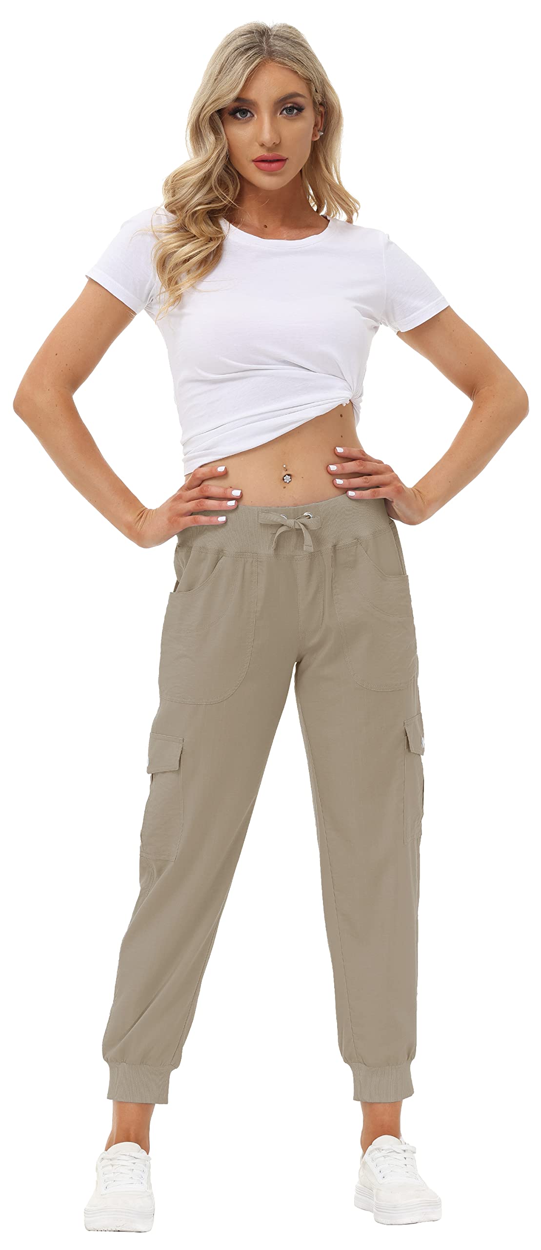 MoFiz Women's Cargo Pants Hiking Joggers Summer Lightweight Quick Dry Athletic Outdoor Sports Sweatpants Travel Casual Button Pockets Khaki 3XL