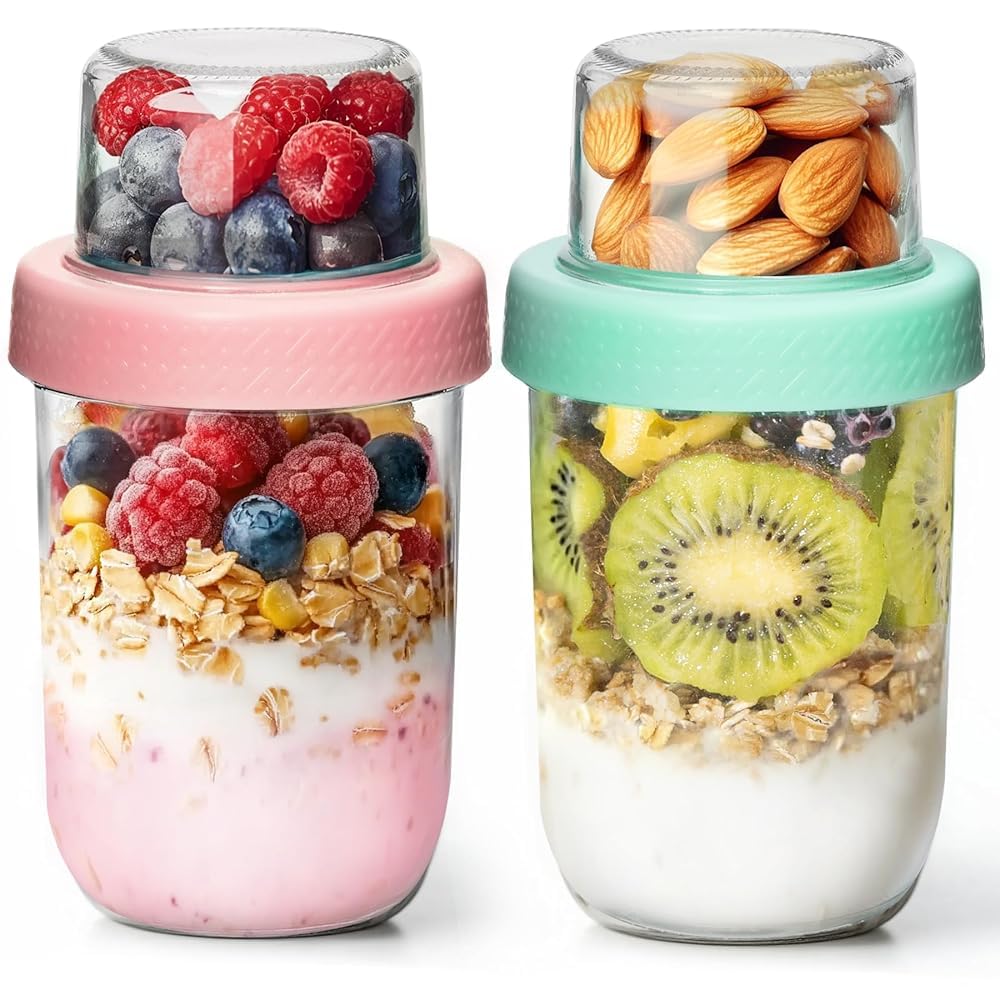 ComSaf 16+4Oz 4Pcs Overnight Oats Containers with Lids, Dual-Layer Jars