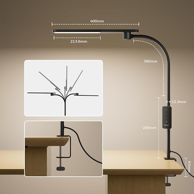 Honeywell HJ2 Gooseneck LED Desk Lamp with Clamp,3-Color Stepless Dimming.Flexible Metal Lamp Arm,CRI ≥ 97.Adjustable Small Desk Lamp for Home Office,Studying, Reading, Artists & Crafters (Black)
