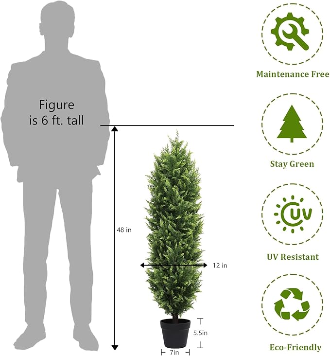 THE BLOOM TIMES 4FT Tall Artificial Cedar Topiary Trees Set of 2, UV Resistant Large Faux Cypress Evergreen Plants for Outdoor Planters, Realistic Fake Bushes & Shrubs for Front Porch Christmas Decor