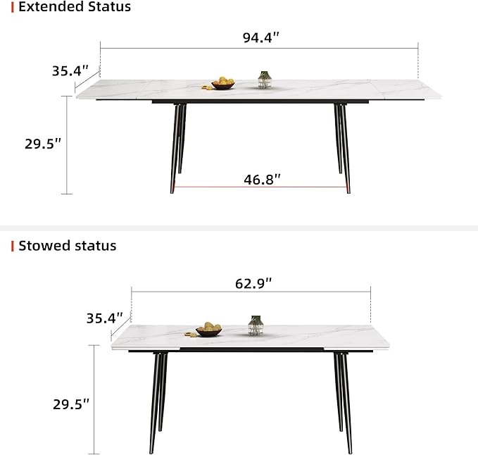 Expandable Rectangular Dining Table (62.9" to 94.4") – Modern White Sintered Stone Top, Adjustable Table for 6 to 10 People for Dining Room Family Gathering
