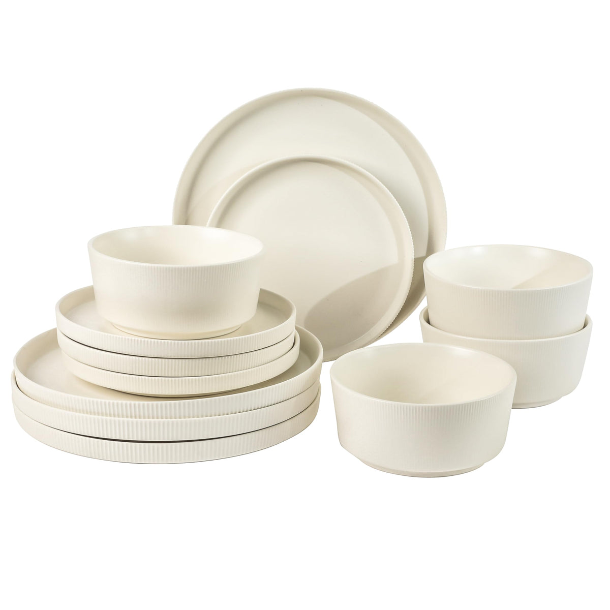 Gibson Home Rockaway 12-Piece Round Stoneware Dinnerware Set, Service for 4 – Cream Plates and Bowls, Modern Matte Finish, Microwave & Dishwasher Safe
