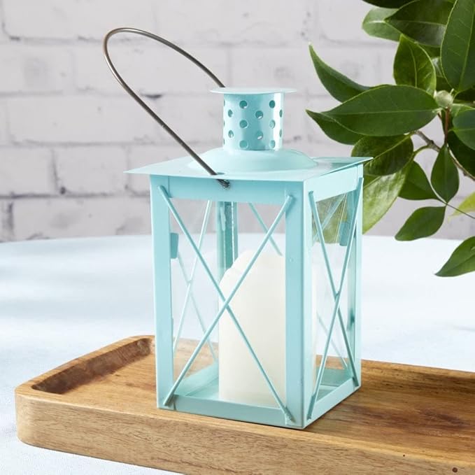 Kate Aspen Medium Decorative Lanterns - Set of 6 - Luminous Blue Metal Lantern Tealight Candle Holders Centerpieces for Wedding, Home Decor and Party - 6.3" H (8.9" H with Handle)