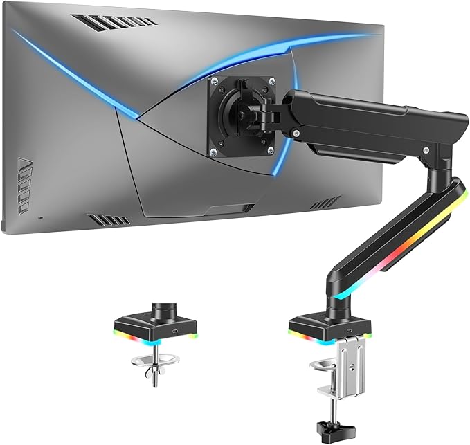 MOUNTUP RGB Single Monitor Arm Fits 32 27 24 22 inch, Holds 4.4-22lbs Screens, Monitor Stand for Desk with RGB Lights, 19 Modes, Computer Monitors Desk Mount, VESA Mount with Clamp & Grommet Bases