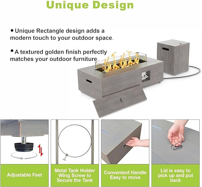 2-Piece 42" LED Rectangular Propane Fire Pit for Outside Patio with Hidden Tank Table, 50,000 BTU Fireplaces with Glass Wind Guard, Lid, Glass Rocks, Cover(Grey w/Warm Light)