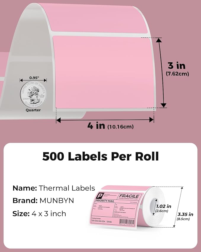 MUNBYN 4” X 3” Direct Thermal Labels, Thermal Printer Stickers, Strong Adhesive, Labels Paper for Mailing, Barcode, 500 Sheets/1 Roll, Pink
