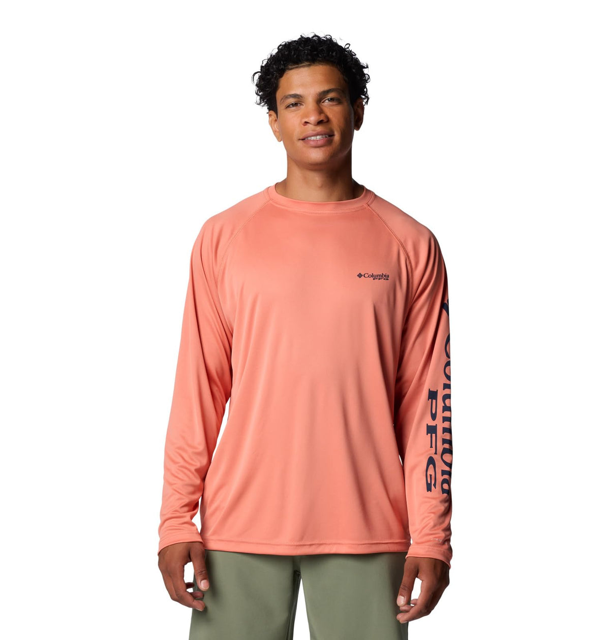Columbia Men's Terminal Tackle Long Sleeve Shirt, Faded Peach/Collegiate Navy Logo, 2X Tall