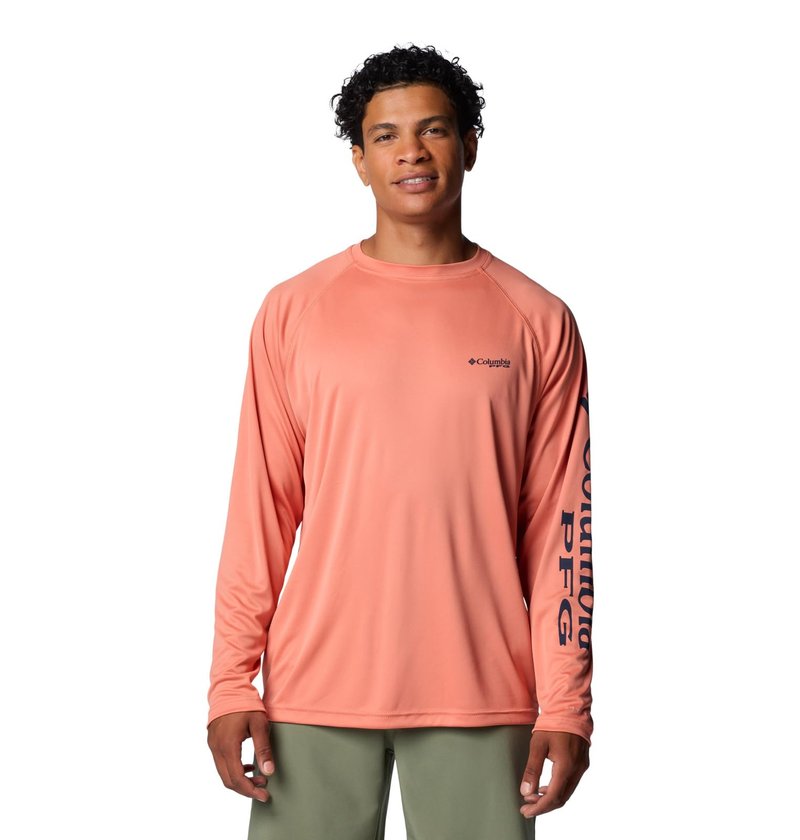 Columbia Men's Terminal Tackle Long Sleeve Shirt, Faded Peach/Collegiate Navy Logo, X-Large