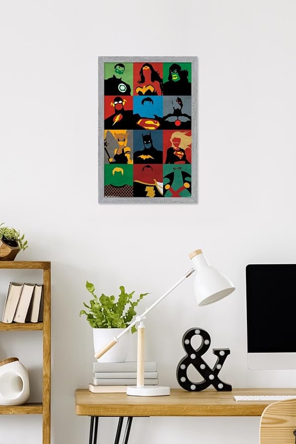 DC Comics Justice League - Minimalist Wall Poster, 22.4L" x 14.7W", Gray Framed Version