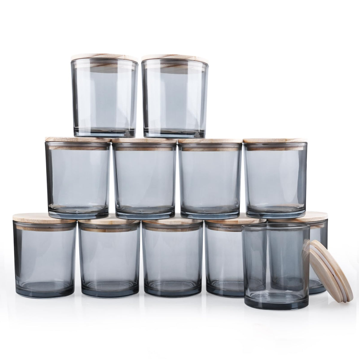 SHOWIN Thick Candle Jars for Making Candles 12 Pcs, 7 OZ Empty Jars with Wood Lids for Candle Making, Sample Container, Clear