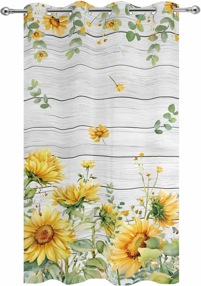 Sunflowers Outdoor Curtains for Patio Summer Floral Eucalyptus Leaf Wood Plank