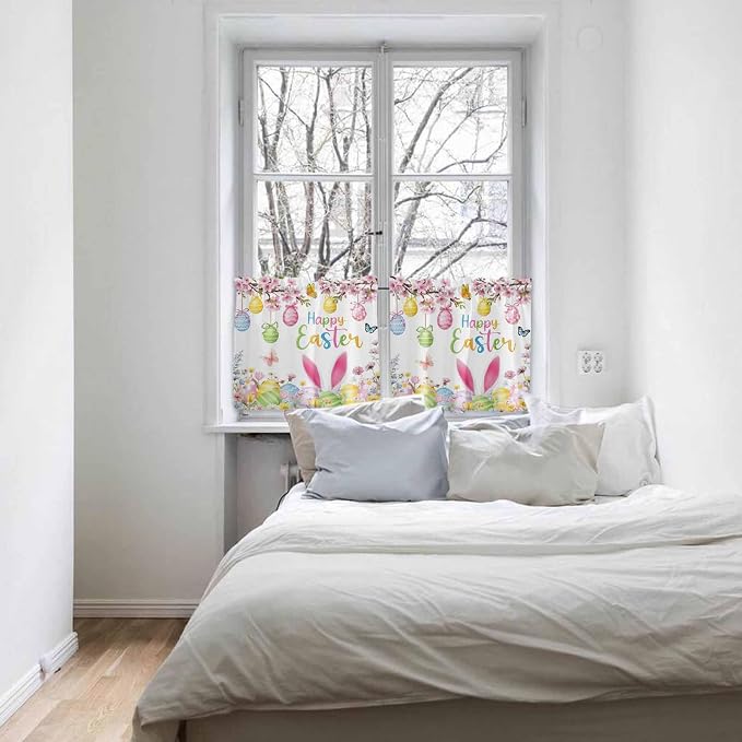 Happy Easter Half Window Curtains 24 Inches Long, Spring Watercolor Bunny Eggs