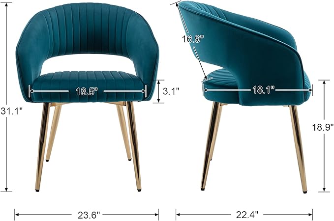 Modern Velvet Dining Chairs Set of 2, Upholstered Gold Dining Chairs with Hollow Back, Dining Room Chairs with Gold Legs, Accent Armrest Kitchen Chairs for Living Room Reception Teal Blue