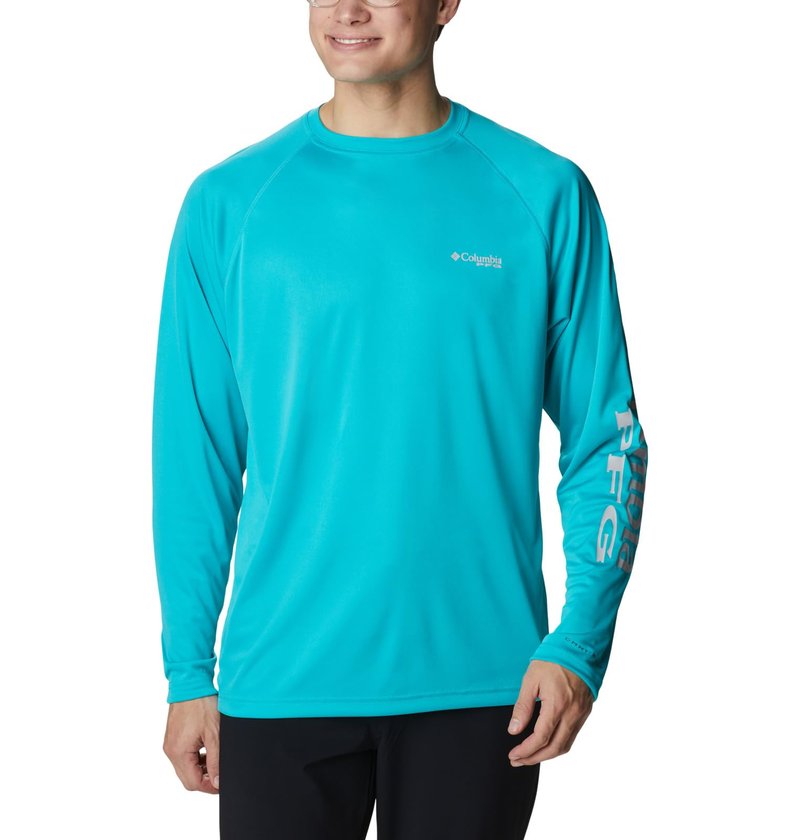 Columbia Men's Terminal Tackle Long Sleeve Fishing Shirt, Turquoise/Cool Grey Logo, X-Small