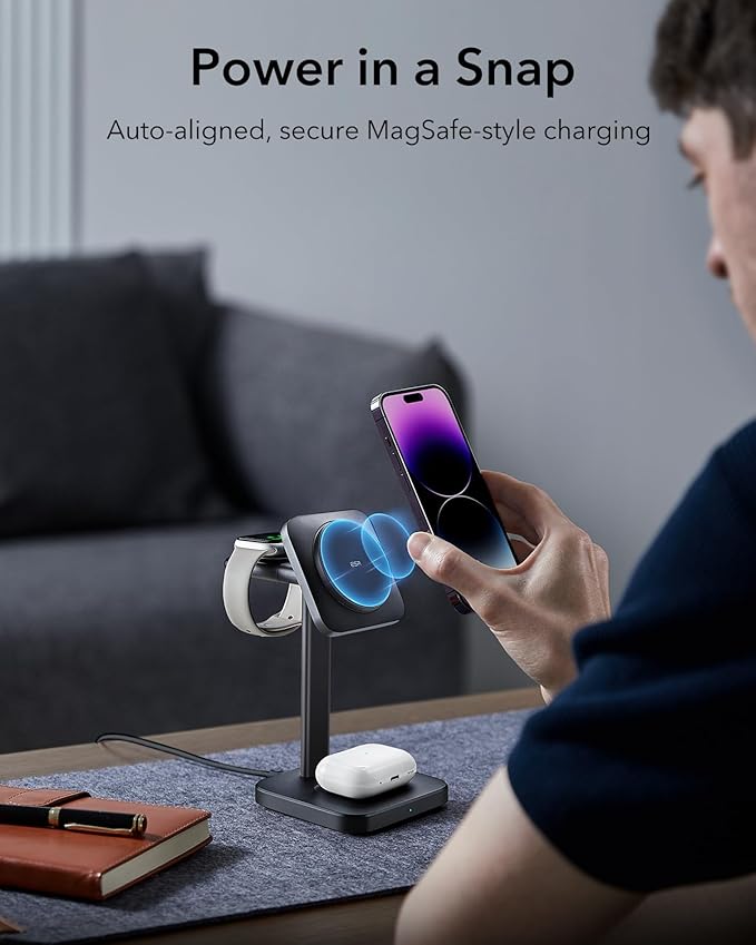 ESR 3 in 1 Wireless Charging Station for Apple[Certified] Portable Apple Watch Charger & MagSafe Charger Stand, Wireless Charger for Multiple Devices iPhone 17/16/15/14/13/12&Watch&AirPods, Black