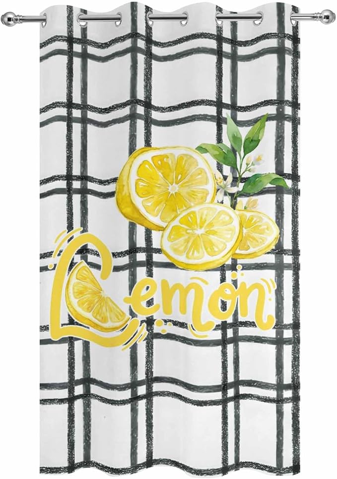 Lemon Outdoor Curtains for Patio Lemon Leaves Summer Plaid Buffalo Waterproof