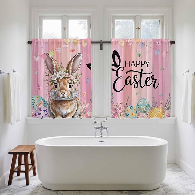 Easter Kitchen Curtains, Spring Rabbit Eggs Flowers Flags Leaves Wood Grain
