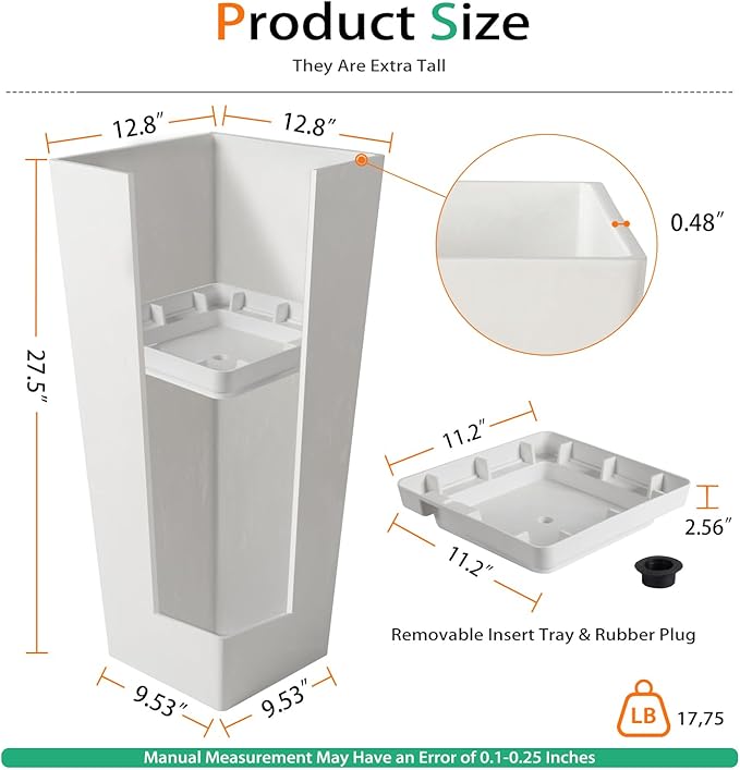 Tall Planters for Outdoor Plants, Large Resin Flower Pots for Garden, Front Porch, Patio, Indoor - Set of 2 (White, 28 inch - 2 Pack)