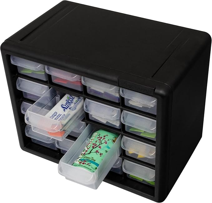 Akro-Mils 16-Drawer Plastic Cabinet for Garage Organization, Beads, Makeup Organizer, Building Bricks Storage, Teacher Toolbox, 10-1/2" W x 6-1/2" D x 8-1/2" H, 10716 Black (Pack of 4)