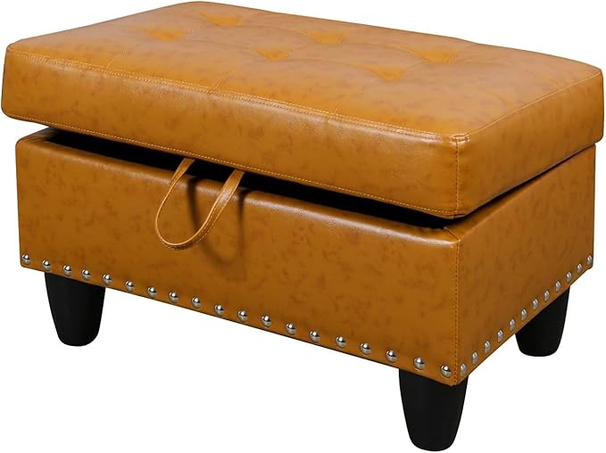 Simple Deluxe Ottoman with Storage Bench Chair, 28.5"L x 19.5"W x 17.5"H Foot Rest Stools with Synthetic Leather,Ottoman Storage Chest Box with Padded Seat for Bedroom, Living Room, Entryway,Yellow