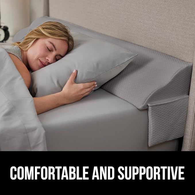 Gorilla Grip Headboard Gap Pillow and Bed Sheet Straps, Headboard Gap Pillow Size Full Gray, Dense Foam Wedge, Sheet Fasteners 4 Pack Black, Adjustable Elastic with Metal Clips, 2 Item Bundle