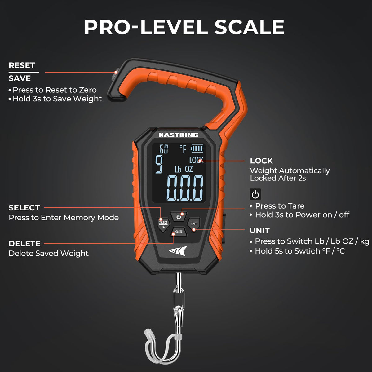 KastKing Weighmaster Mechanical-Digital Fishing Scale, 120 lb Capacity, 2.5" Backlit Display, High-Precision Sensor, 9 Weight Memory, Temperature Detection, IPX6 Waterproof, Fishing Gifts