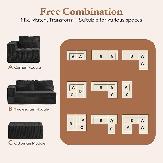 106" Modular Sectional Sofa with L-Shape Chaise, Right/Left Facing Deep Seat Cloud Couch, No Assembly Required, Upholstered Couch for Living Room Bedroom (Plush Corduroy Fabric, Black)