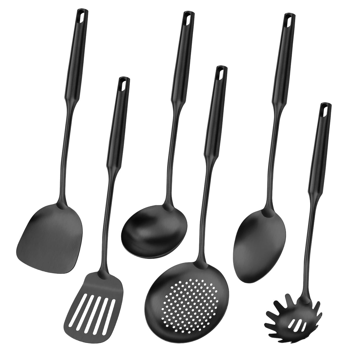 304 Stainlss Steel Matte Kitchen Utensils Set, 11 Pcs Long Metal Cooking Utensil Gadgets Tools Set with Spatula, Ladle, Spoon, Ladle, Skimmer, Tunner, Pasta Server, Tongs(Black, Dishwasher Safe)