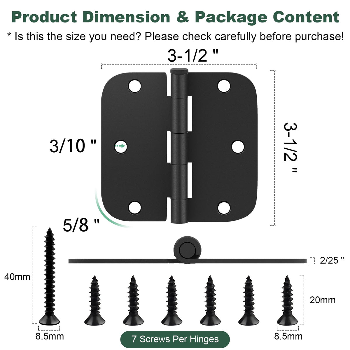 Estmoon 42 Pack Matte Black Door Hinges 3.5 x 3.5 Inch, 5/8" Radius Rounded Interior Hinges for Standard Doors, 6 Holes