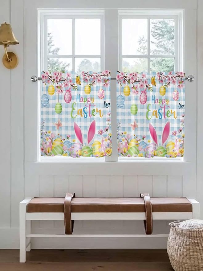 Happy Easter Half Window Curtains 24 Inches Long, Spring Watercolor Bunny Eggs