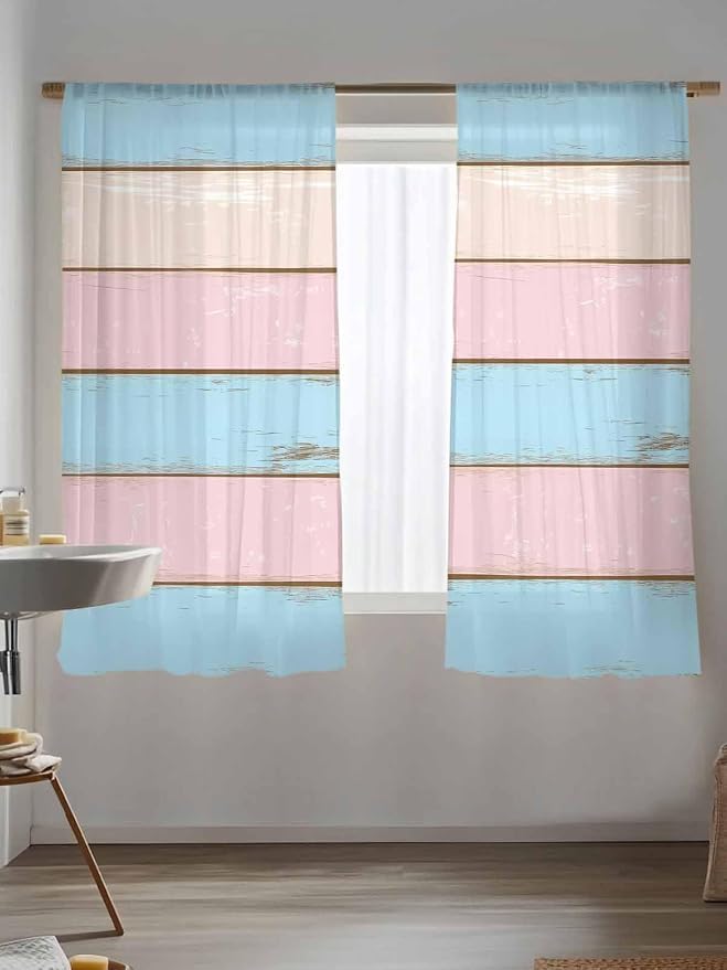 Sheer Curtains 72 Inches Long, Farmhouse Country Shabby Striped Privacy Voile