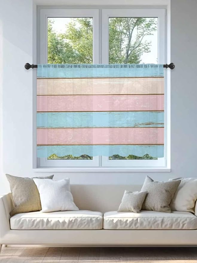 Sheer Curtains 45 Inch Length, Farmhouse Country Shabby Striped Privacy Voile