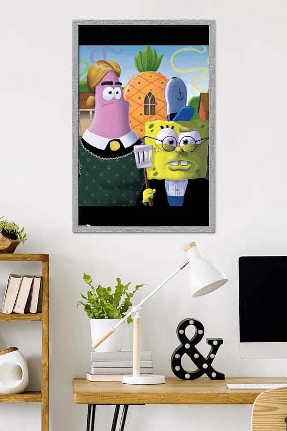 Trends International Nickelodeon Spongebob Squarepants - American Gothic Wall Poster, 34L x 22.4W, Gray Framed Version