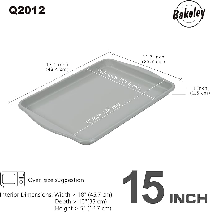 Bakeley 15-Inch Baking Sheet Pan, Non-Stick Jelly Roll Aluminum Naturally Slick Ceramic Coating Rimmed Cookie Sheet Pan for Oven Roasting Meat Bread - 15" x 10"