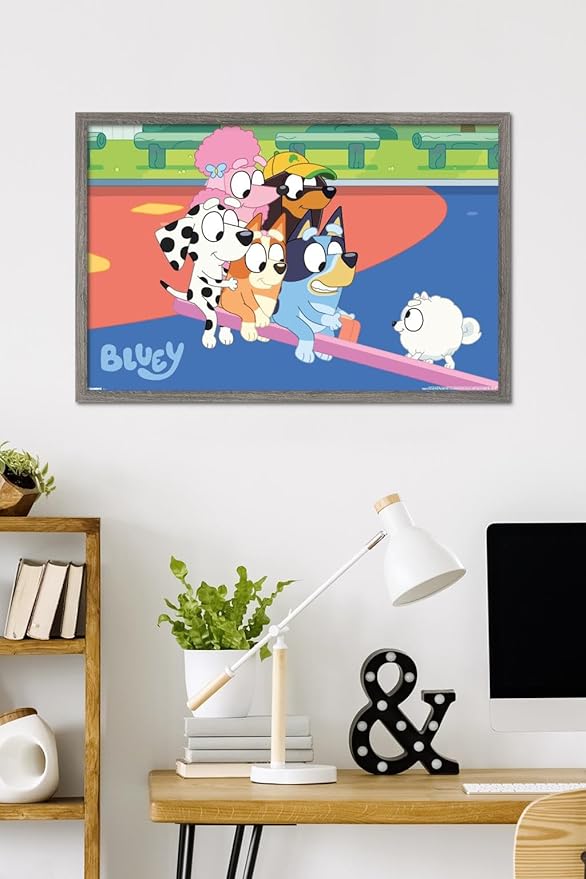 Bluey (2018) - Bluey and Friends See Saw Fun Wall Poster, 34L" x 22.4W", Barnwood Framed Version