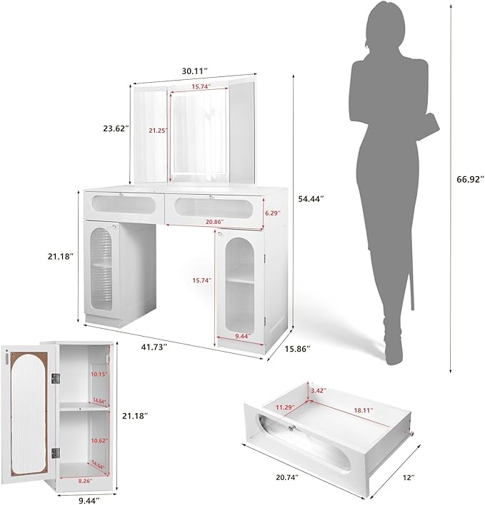 Vanity Desk with Tri-Fold Mirror and Lights, LED Makeup Vanity with 2 Drawers, 2 Doors Storage, Gifts for Girls/Women (White)