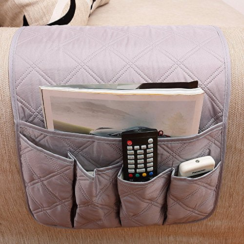 IPENNY Couch Sofa Armrest Organiser Chair TV Remote Holder Bed Storage Pocket Bag for Cellphone Tablet Notepad Book Magazines DVD Eyewears Drinker Snacks Holder Pouch - color: Grey