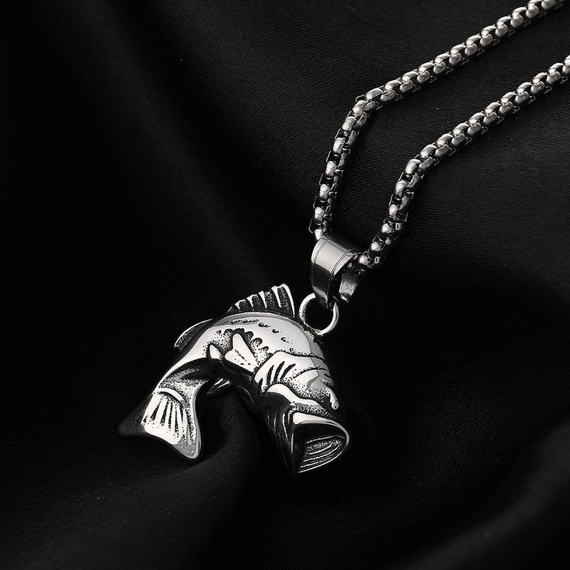 BaBakiak Largemouth Bass Fish Necklace, Fisherman Stainless Steel Jumping Bass Pendant