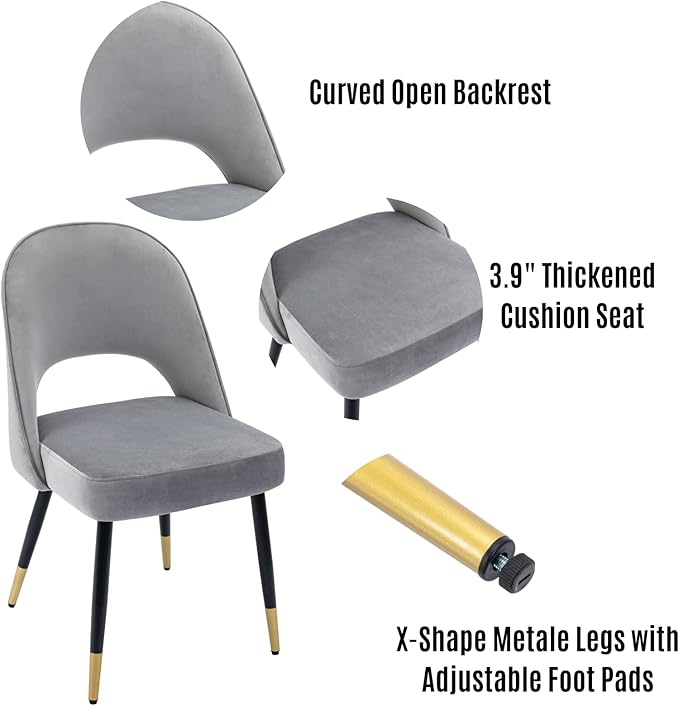 LukeAlon Classic Velvet Dining Chairs Set of 4, Upholstered Open Back Kitchen Chairs with Metal Legs Armless Side Chairs Mid Century Dining Chair for Dining Room, Grey