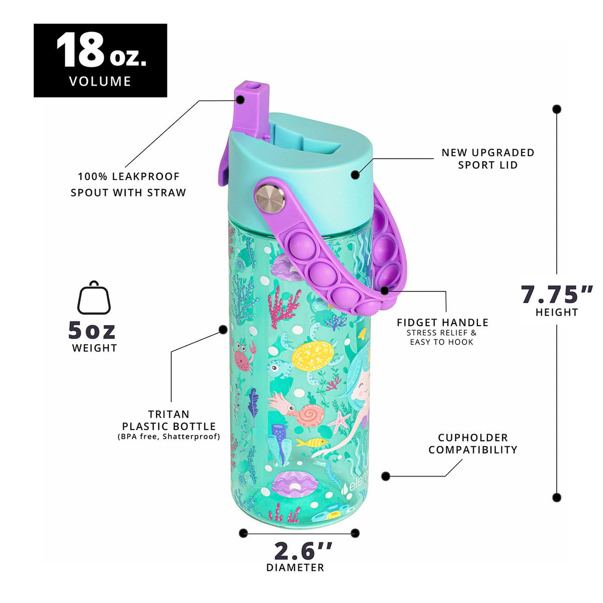Elemental Leak Proof Water Bottles for Kids - Splash Kids Water Bottle for School with Pop-it Handle - Tritan Plastic Water Bottle with Straw - Mermaid & Pink Unicorn - 18oz (2 Pack)
