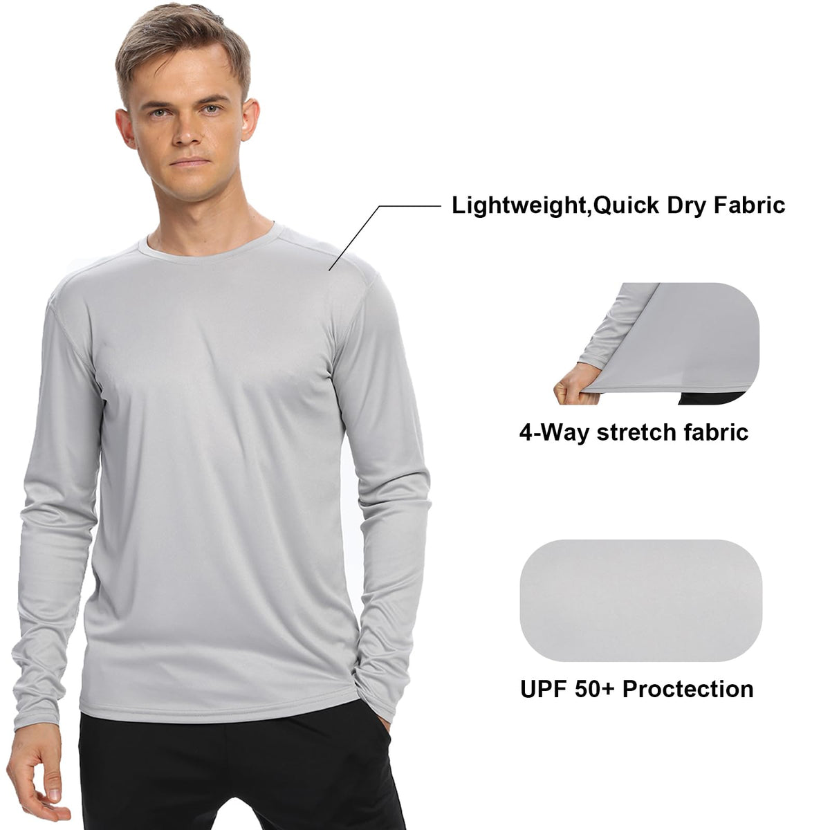 Mens Long Sleeve T Shirts,Athletic Sun Protection UPF 50+ Rash Guard Shirts for Gym,Workout,Running(Light Gray S)