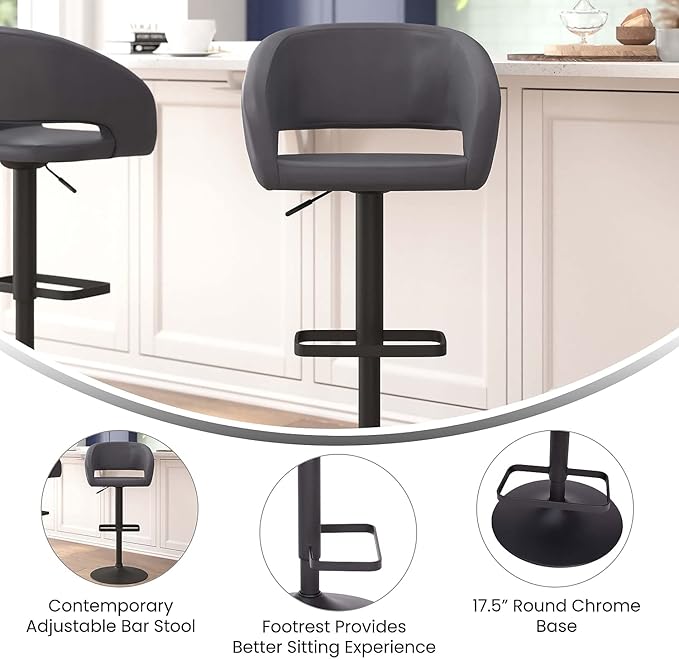 Flash Furniture Erik Comfortable & Stylish Contemporary Barstool with Rounded Mid-Back and Foot Rest, Adjustable Height - Gray Vinyl with Chrome Base
